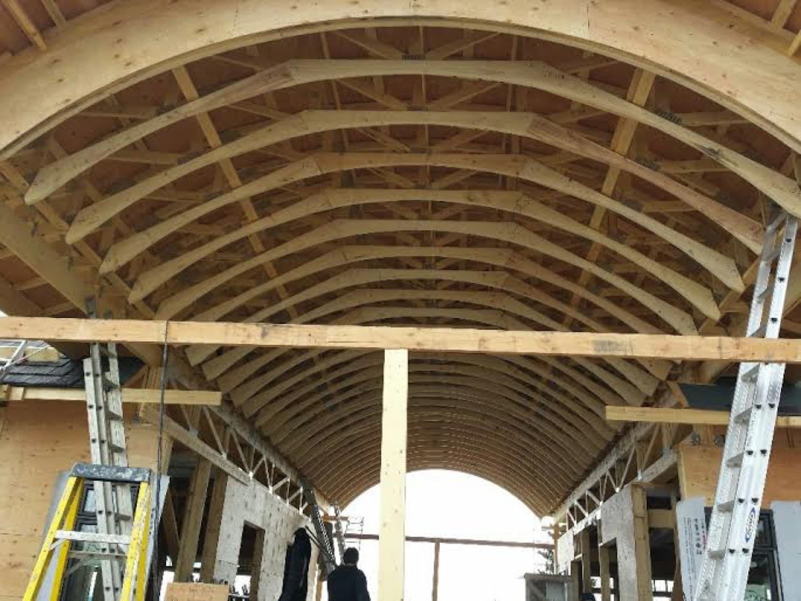 Curved roof framing inside a custom addition
